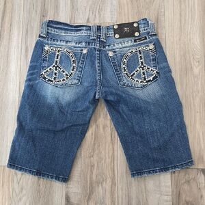 Miss Me Peace Sign Pockets Blue Jean Distressed Shorts
